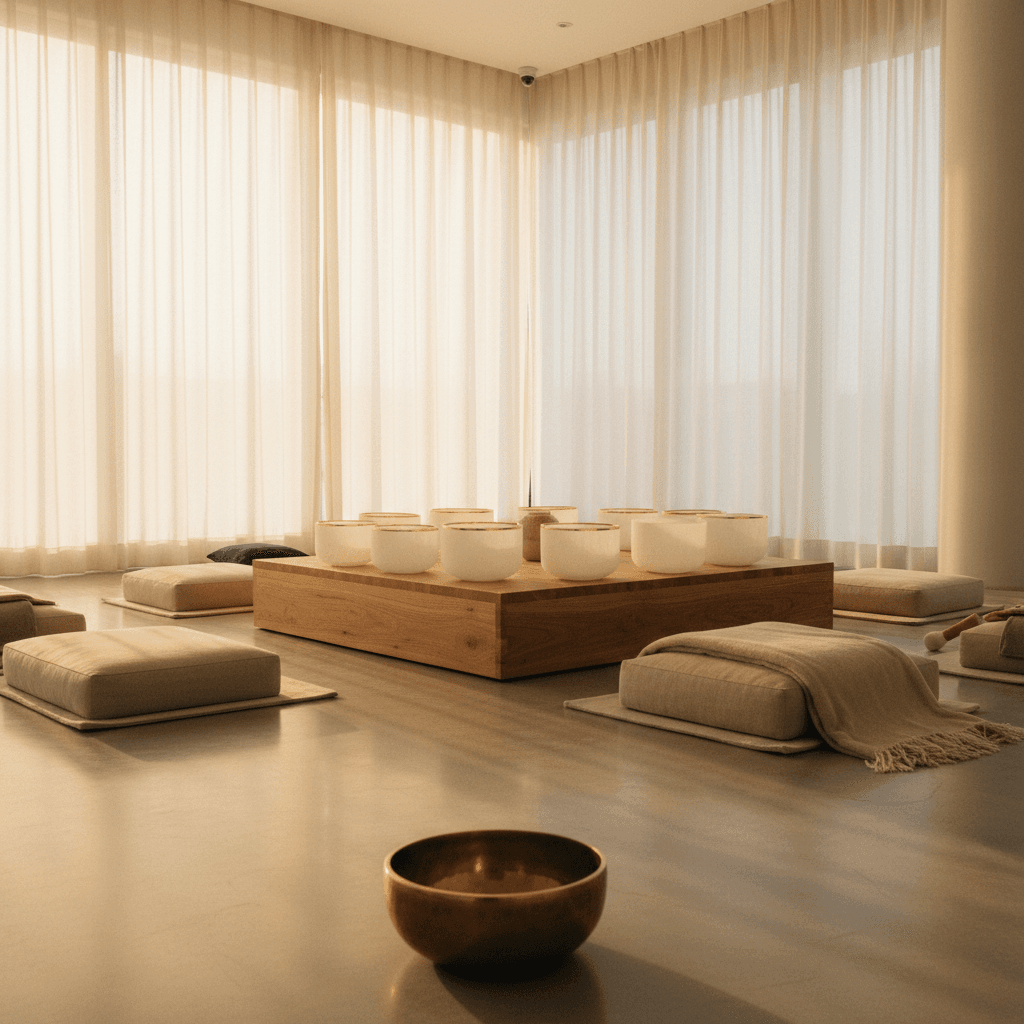 Soul Art website illustration of a quiet space with singing bowls