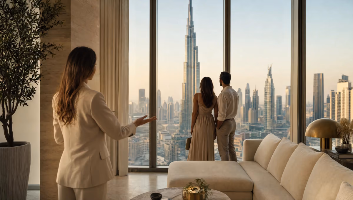Zolia website illustration: a broker shows clients a Dubai apartment